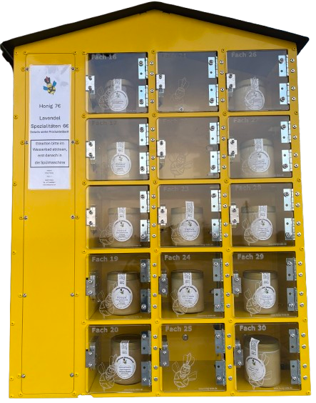 Erweiterung mit 15 Fächer für Honigautomat; Gehäuse rapsgelb, Dach schwarz; 240mm Fachtiefe