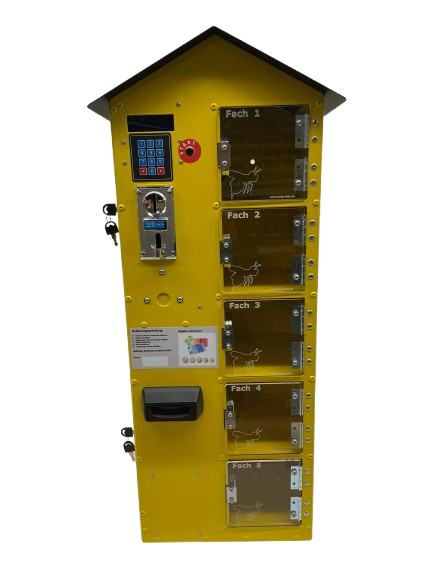 Honigautomat 5-Fächer ; Gehäuse Rapsgelb, Dach Schwarz, Zahlenfeld 240mm Fachtiefe